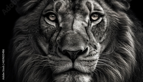 Majestic lion staring  close up portrait of a powerful hunter generated by AI