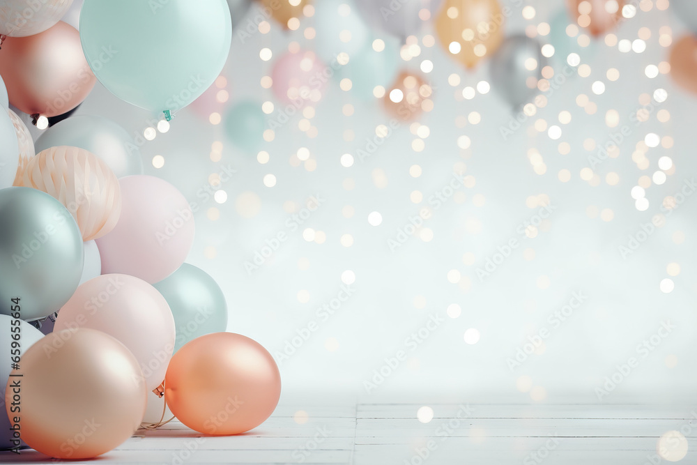 A collection of pastel-colored balloons and spherical paper decorations, with a backdrop of glowing bokeh lights