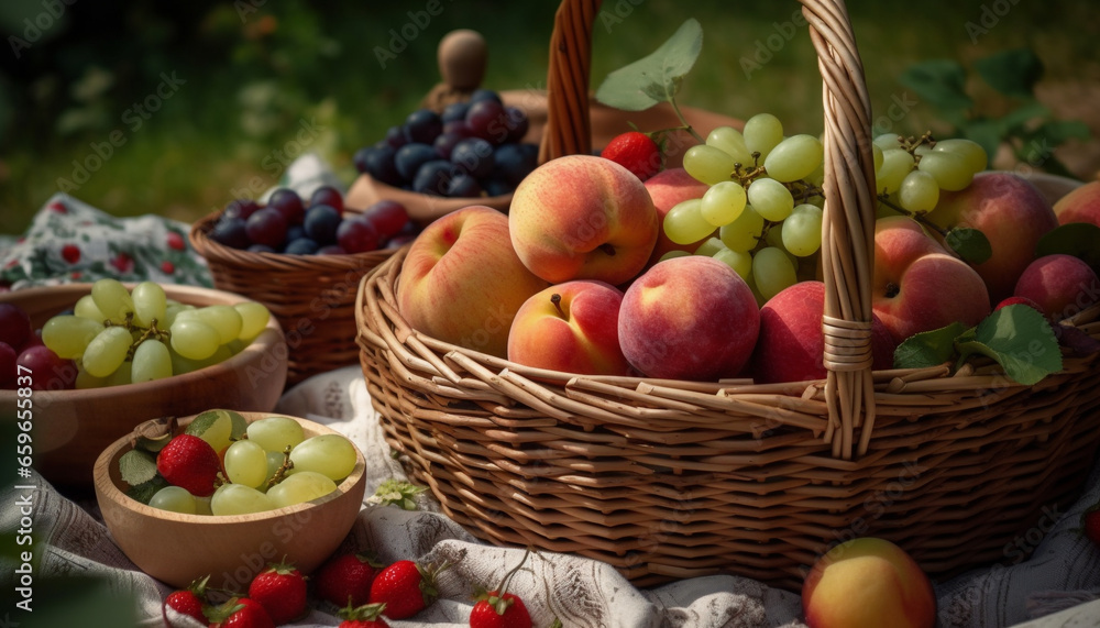 Fresh organic fruit basket, ripe for a healthy summer picnic generated by AI Fresh organic fruit basket, ripe for a healthy summer picnic generated by AI