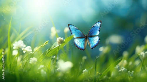 Beautiful colorful natural spring summer background with grass and a fluttering butterfly on a bright sunny day, soft focus, panoramic view. created with Generative AI