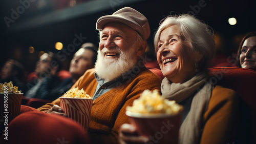 Cheerful senior couple with popcorn at cinema. elderly people.generative ai photo