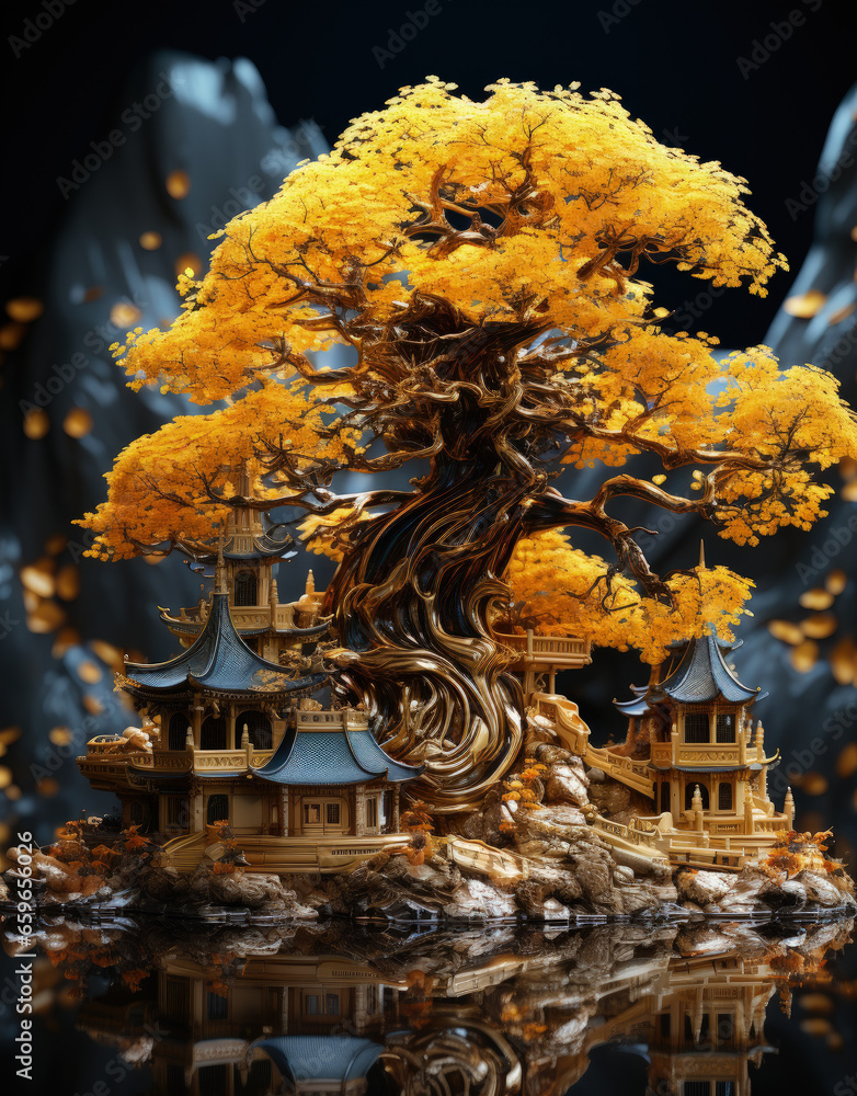 Obraz premium Japanese Bonsai tree with yellow leaves in the forest, close-up view. Autumn season