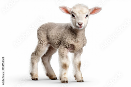 Cute lamb standing on white background.