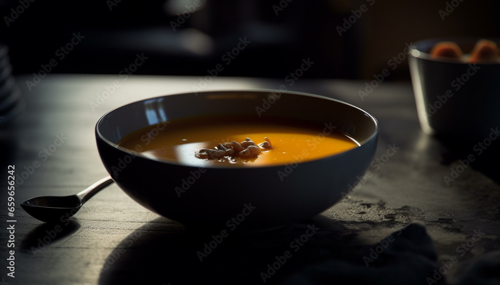 Healthy vegetarian pumpkin soup served in a rustic wooden bowl generated by AI Healthy vegetarian pumpkin soup served in a rustic wooden bowl generated by AI