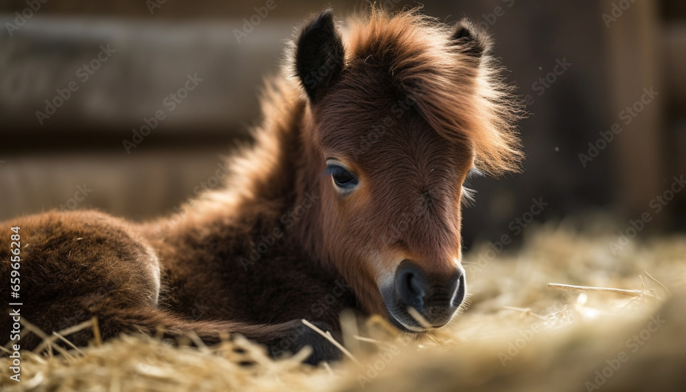 Cute young horse grazing in rural meadow generated by AI Cute young horse grazing in rural meadow generated by AI