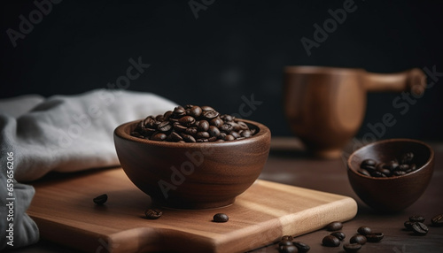 Rustic coffee shop table with fresh ground dark bean aroma generated by AI