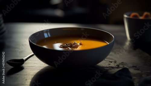 Healthy vegetarian pumpkin soup served in a rustic wooden bowl generated by AI