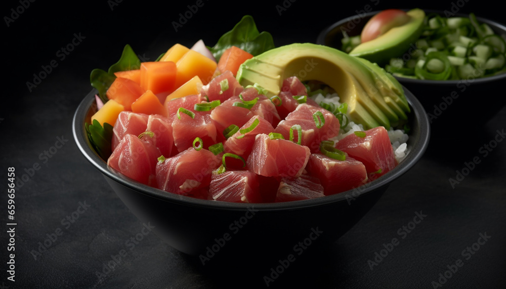 Fresh gourmet meal pork slice with healthy vegetable salad bowl generated by AI Fresh gourmet meal pork slice with healthy vegetable salad bowl generated by AI