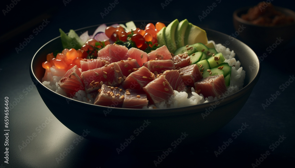 Healthy eating with fresh seafood and vegetable sashimi on plate generated by AI