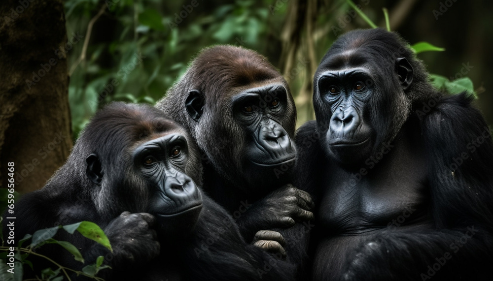 Obraz premium Black primate family sitting in tropical rainforest generated by AI