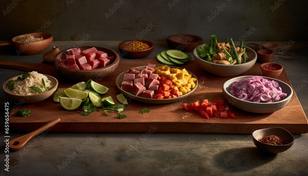 Rustic meal with fresh organic meat and vegetables on wooden table generated by AI Rustic meal with fresh organic meat and vegetables on wooden table generated by AI