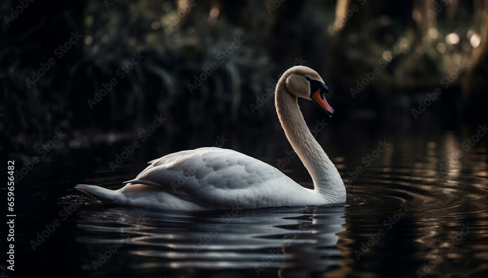Fototapeta premium Majestic swan reflects natural beauty in tranquil pond generated by AI