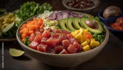 Healthy gourmet salad with fresh seafood, avocado, and vegetarian variation generated by AI
