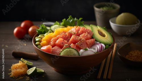 Fresh seafood salad bowl with avocado and tomato for healthy lunch generated by AI