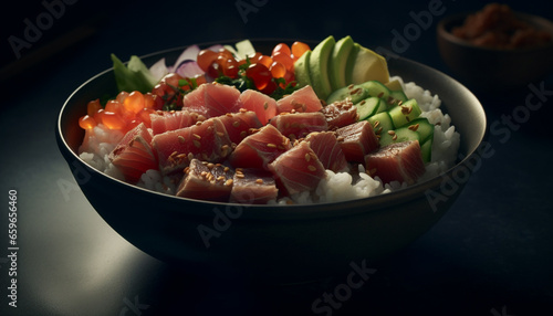 Healthy eating with fresh seafood and vegetable sashimi on plate generated by AI