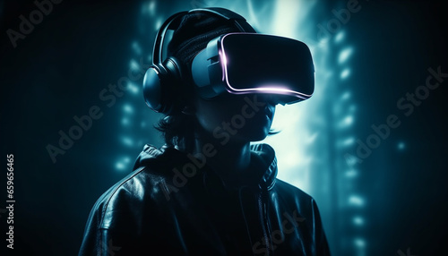 Young adult immersed in futuristic virtual reality generated by AI © Jeronimo Ramos