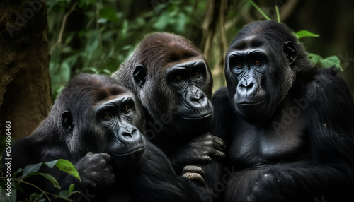 Black primate family sitting in tropical rainforest generated by AI