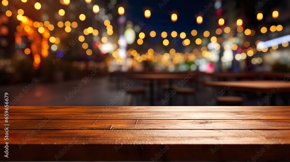 Wooden Table Empty with Nightclub Background, Bokeh Lights, Ambient Atmosphere, Mockup, Empty Table with Copy Space for Product Presentation