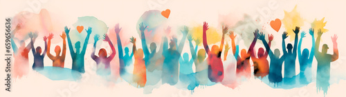 Generative ai watercolor illustration of a group of diverse people with the arms and hands raised towards hand painted hearts.