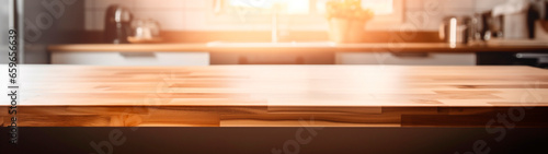 Beautiful empty brown wooden table top with the background blurred defocused of a modern kitchen interior with daylight flare and product montage display. Generative AI © JoseLuis