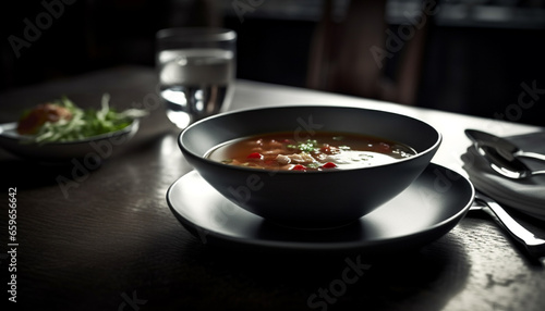 Healthy meal of seafood soup with fresh vegetables on table generated by AI