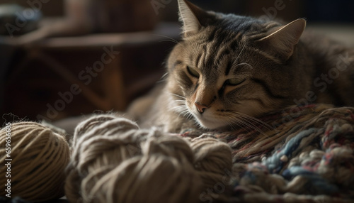 Fluffy kitten resting on comfortable wool pillow, playful and cute generated by AI