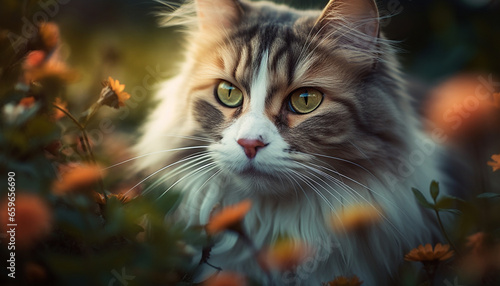 Fluffy kitten sitting in grass, staring at beauty in nature generated by AI © djvstock