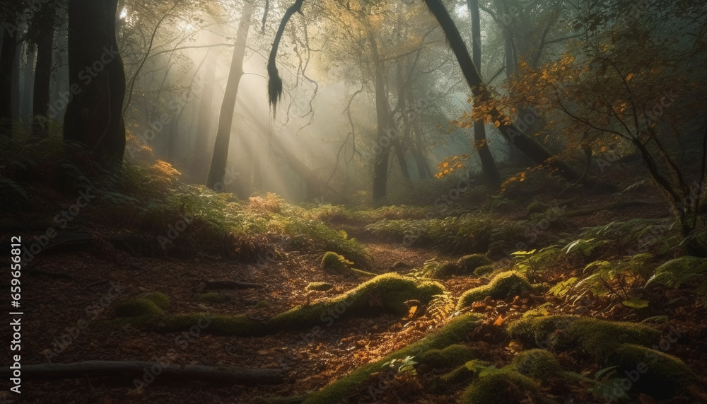 Mysterious forest, tranquil scene, spooky beauty generated by AI