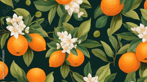 Pattern of oranges and green leaves on dark background.