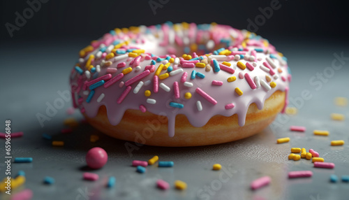 Bright pink donut with chocolate icing and confetti decoration generated by AI