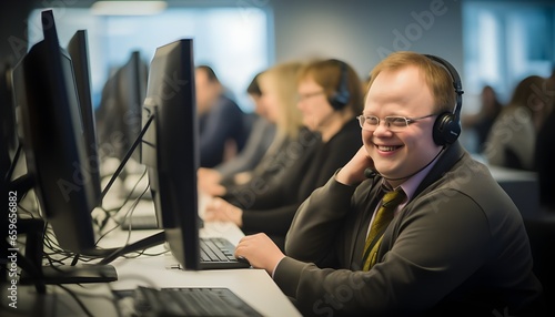 Young man with down syndrome at work in a call center with headphones