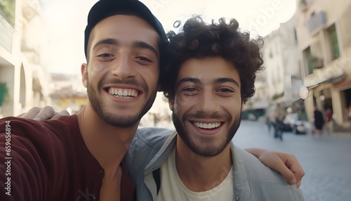 Two young middle eastern friends enjoying a pleasant moment, taking a selfie