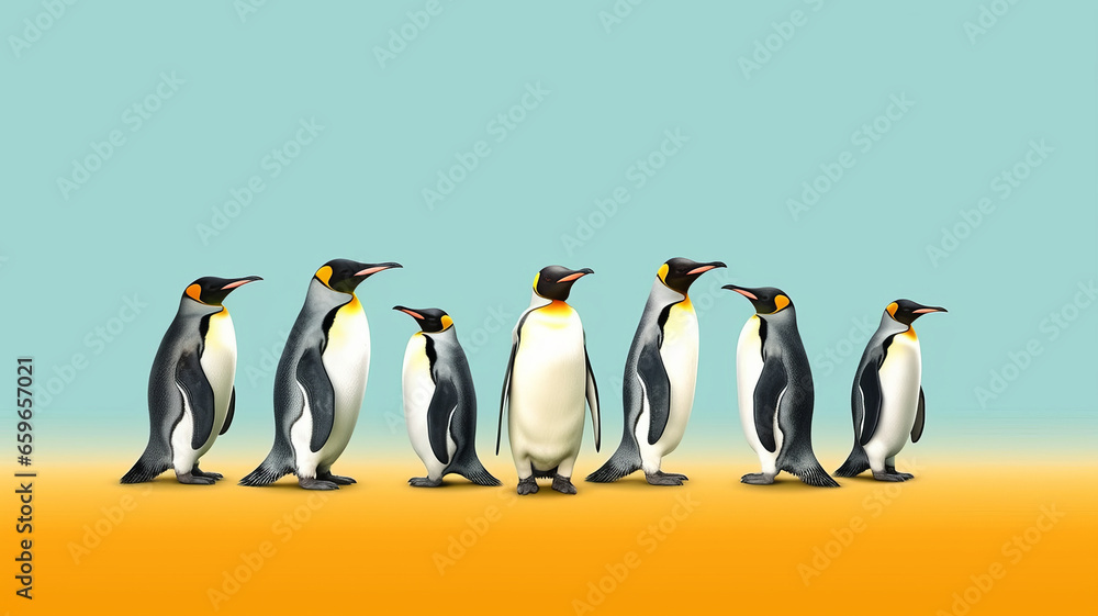 Obraz premium group of Penguin full body side view, isolated on green background,generative ai