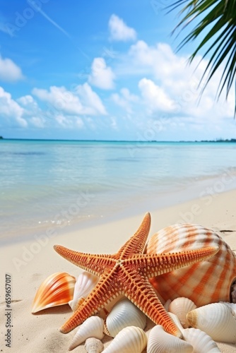 Starfishes and shells on white sand coconut trees beach