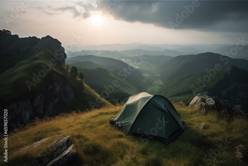 A tent on a cliff, with breathtaking views of a majestic valley and mountain panorama. Generative AI
