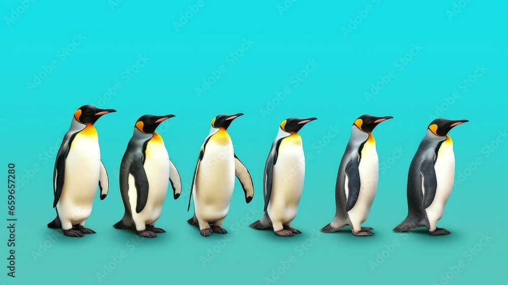 Fototapeta premium group of Penguin full body side view, isolated on green background,generative ai