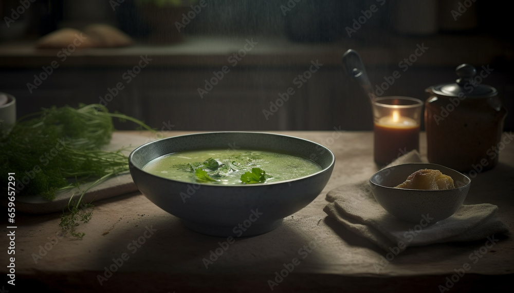 Healthy vegetarian soup in rustic bowl on wooden table indoors generated by AI Healthy vegetarian soup in rustic bowl on wooden table indoors generated by AI