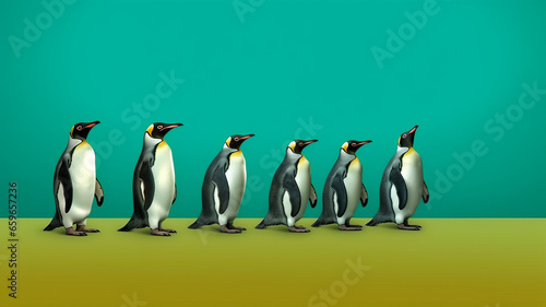 group of Penguin full body side view  isolated on green background generative ai