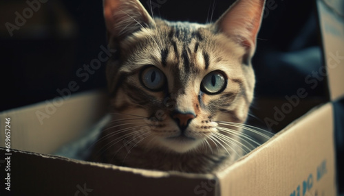 Cute kitten staring out window, hiding in cardboard box generated by AI