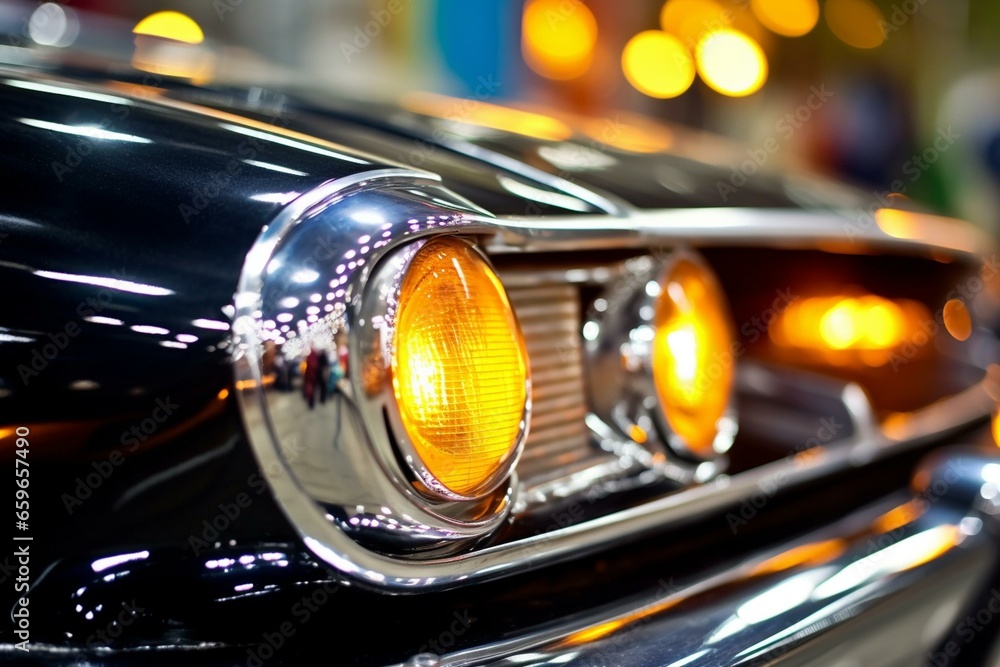 Close-up of a luxury car's front headlight exhibited at a motor show in Bangkok, Thailand. Generative AI - obrazy, fototapety, plakaty 
