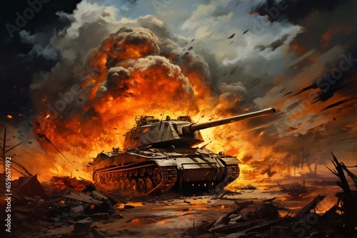 Illustration of a tank explosion in war, depicting pain and death. Generative AI