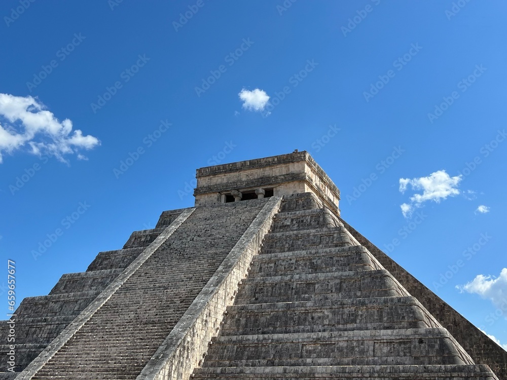 The top of the Kukulcan pyramid in Mexico.