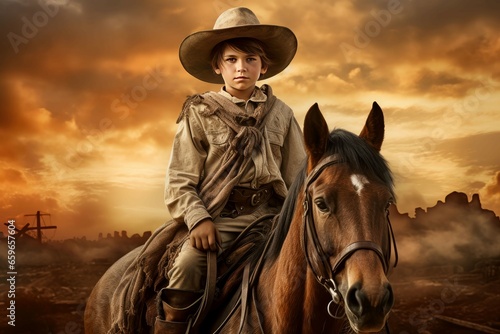 Vivid Cowboy banner portrait. Rodeo bandit. Fictional person. Generate Ai