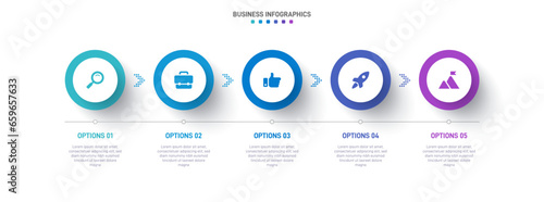 Timeline infographic with infochart. Modern presentation template with 5 spets for business process. Website template on white background for concept modern design. Horizontal layout.