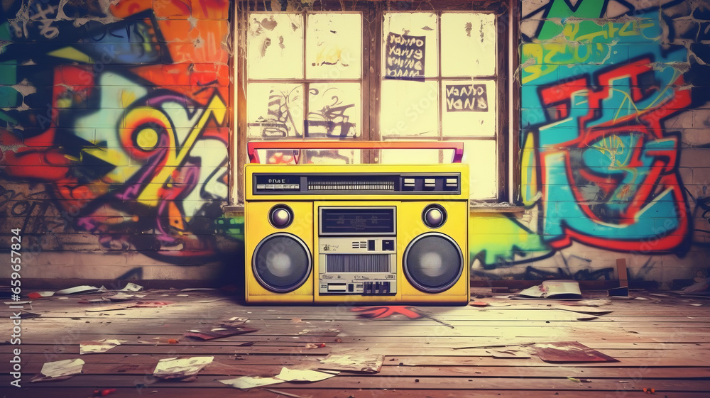 Retro old design ghetto blaster boombox radio cassette tape recorder from 1980s.generative ai Retro old design ghetto blaster boombox radio cassette tape recorder from 1980s.generative ai