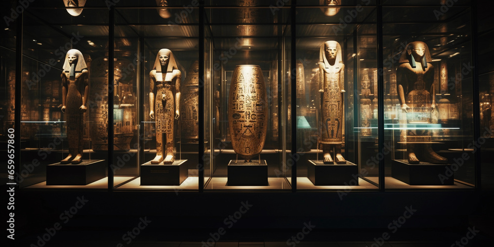 ancient history museum, Egyptian mummies in glass cases, moodily lit, intricate hieroglyphs on walls - obrazy, fototapety, plakaty 