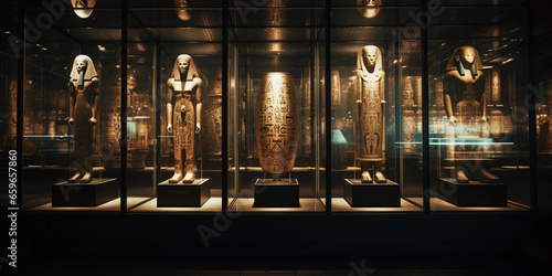 Papier peint ancient history museum, Egyptian mummies in glass cases, moodily lit, intricate