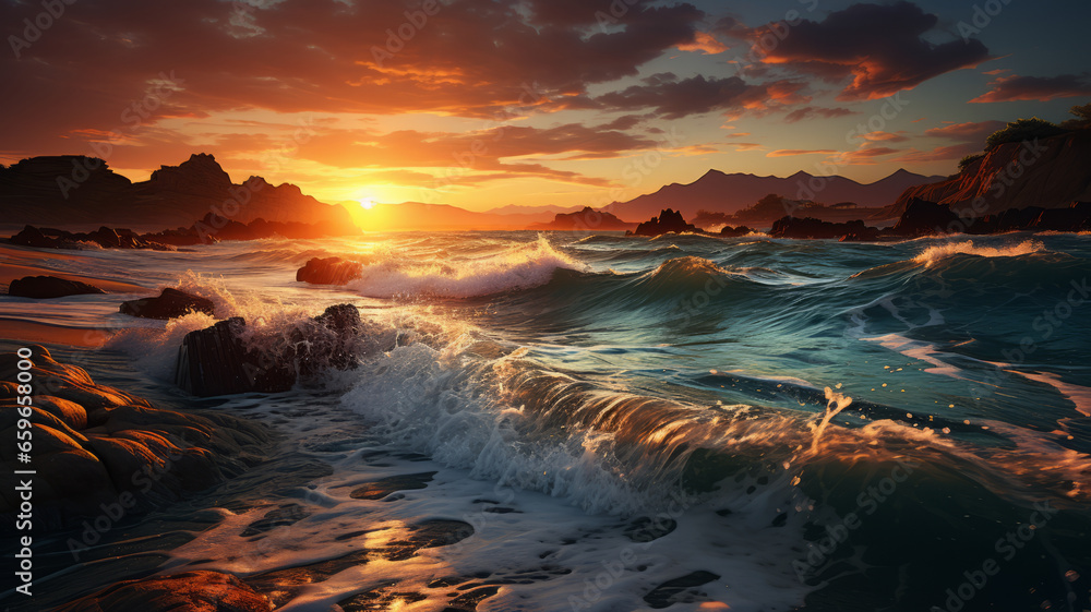 Sunset against the horizon The beach has foamy waves and a volcanic background. generative ai