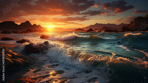 Sunset against the horizon The beach has foamy waves and a volcanic background. generative ai