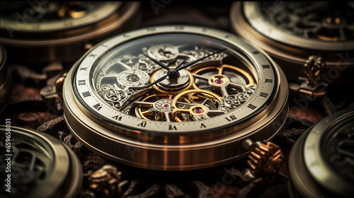 Antique pocket watches opened to show delicate inner workings, surface of a dark oak table, dramatic side lighting to capture texture and intricacy